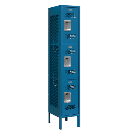 SALSBURY INDUSTRIES 3 Tier Vented Locker, 12"Wx66"Hx15"D, 3 Door, Blue, Unassembled 73155BL-U